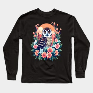 A Cute Short Eared Owl Surrounded by Bold Vibrant Spring Flowers Long Sleeve T-Shirt